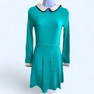 Cynthia Steffe Knit Aqua Dress w/White Collar & Cuffs. Stain on back of collar.